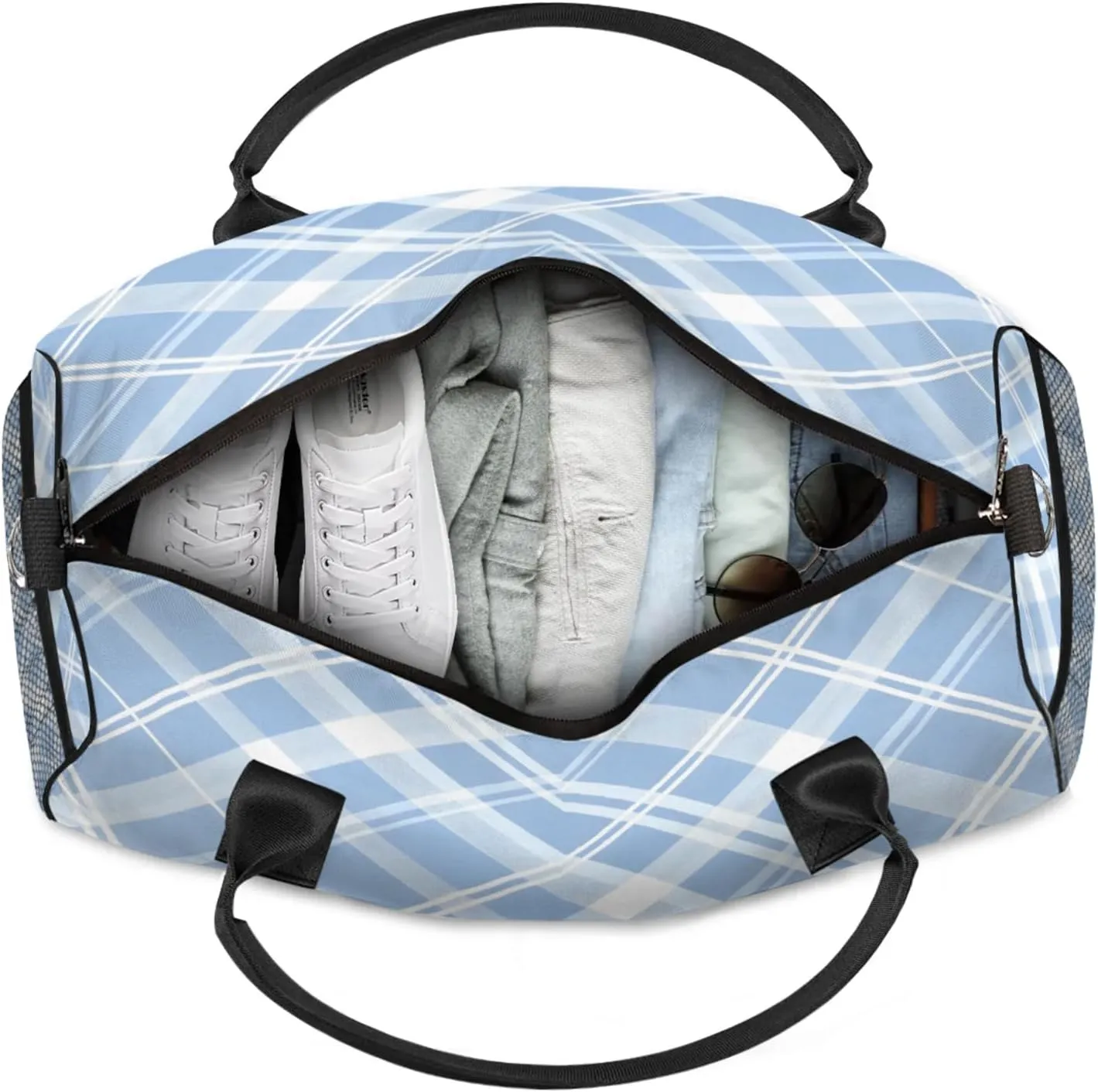 Personalized Blue Plaid Travel Duffel Bag with Name, Custom Gym Sport Bag Cute Retro Carry On Weekend Overnight Duffel Bag for Men Women