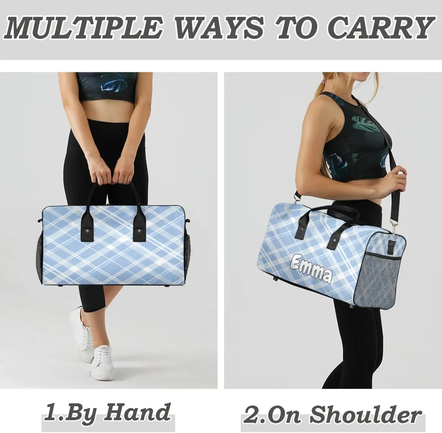 Personalized Blue Plaid Travel Duffel Bag with Name, Custom Gym Sport Bag Cute Retro Carry On Weekend Overnight Duffel Bag for Men Women
