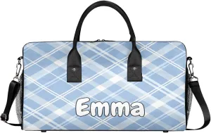 Personalized Blue Plaid Travel Duffel Bag with Name, Custom Gym Sport Bag Cute Retro Carry On Weekend Overnight Duffel Bag for Men Women