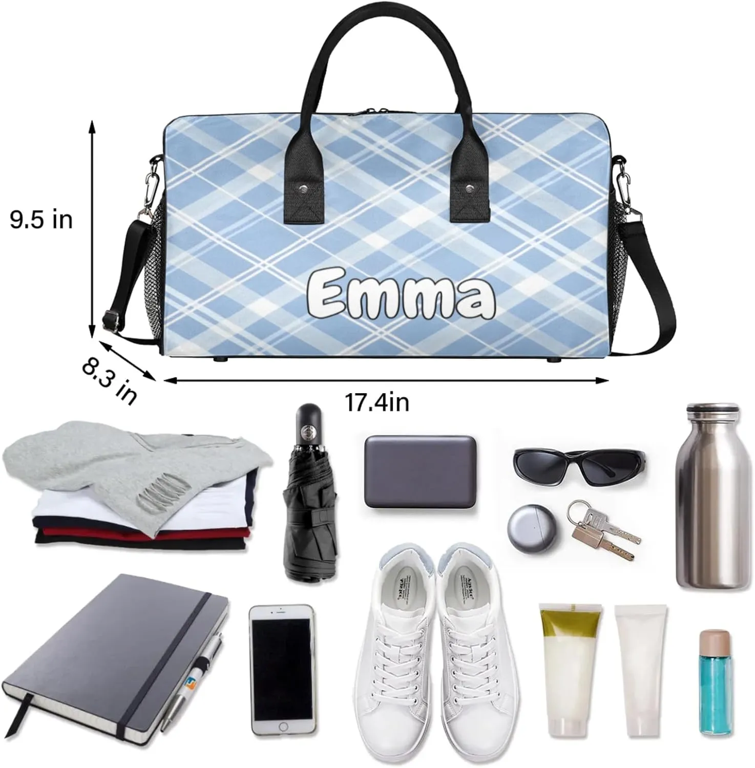 Personalized Blue Plaid Travel Duffel Bag with Name, Custom Gym Sport Bag Cute Retro Carry On Weekend Overnight Duffel Bag for Men Women