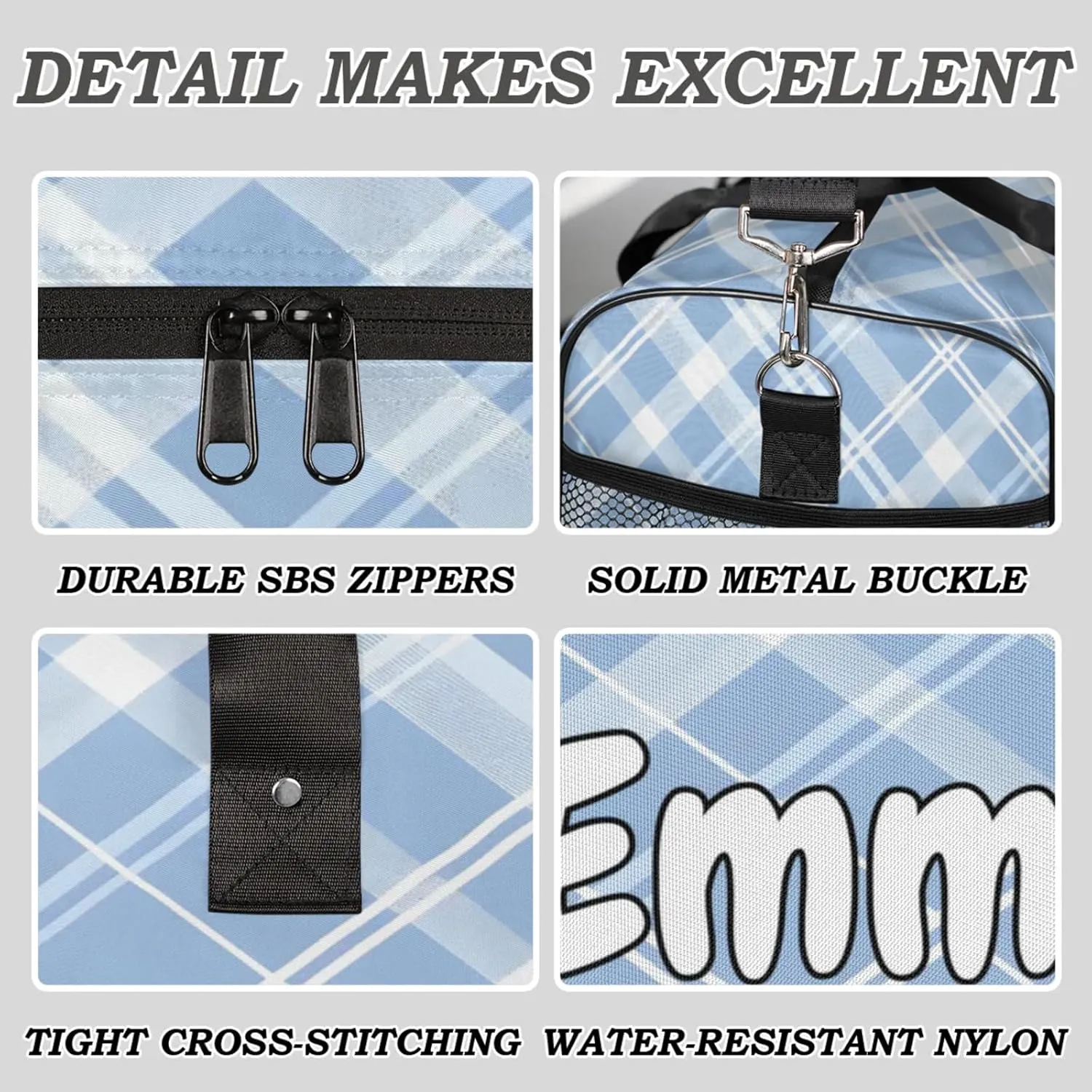 Personalized Blue Plaid Travel Duffel Bag with Name, Custom Gym Sport Bag Cute Retro Carry On Weekend Overnight Duffel Bag for Men Women