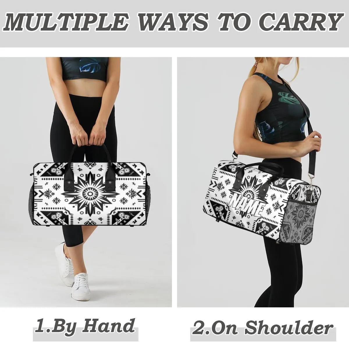 Personalized Bohemia Pattern Travel Duffel Bag with Name, Custom Gym Sport Bag Black Abstract Carry On Weekend Overnight Duffel Bag for Men Women