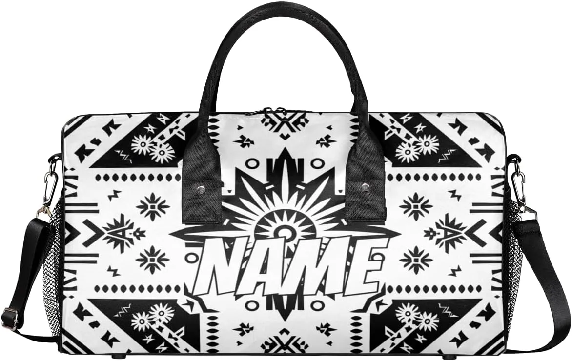 Personalized Bohemia Pattern Travel Duffel Bag with Name, Custom Gym Sport Bag Black Abstract Carry On Weekend Overnight Duffel Bag for Men Women