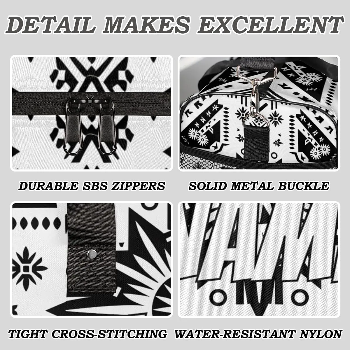 Personalized Bohemia Pattern Travel Duffel Bag with Name, Custom Gym Sport Bag Black Abstract Carry On Weekend Overnight Duffel Bag for Men Women