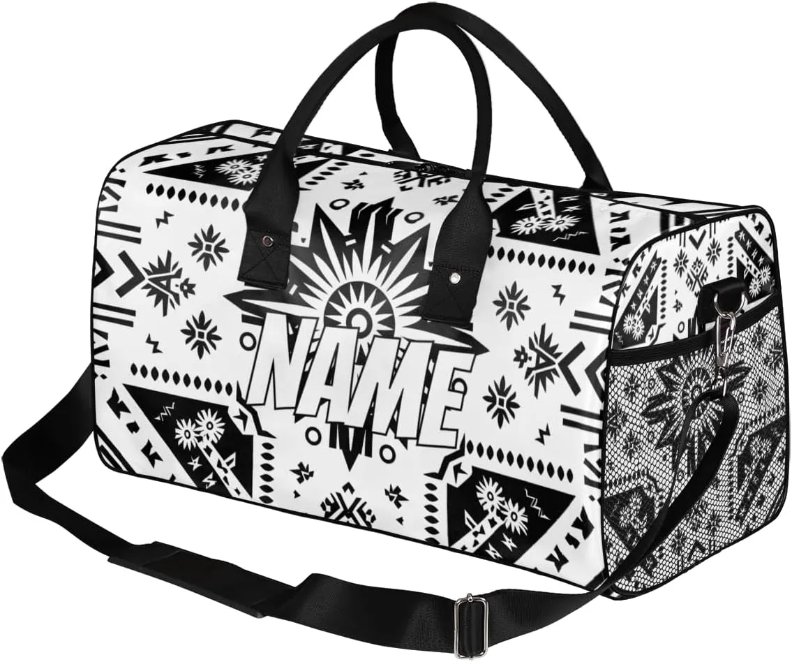 Personalized Bohemia Pattern Travel Duffel Bag with Name, Custom Gym Sport Bag Black Abstract Carry On Weekend Overnight Duffel Bag for Men Women
