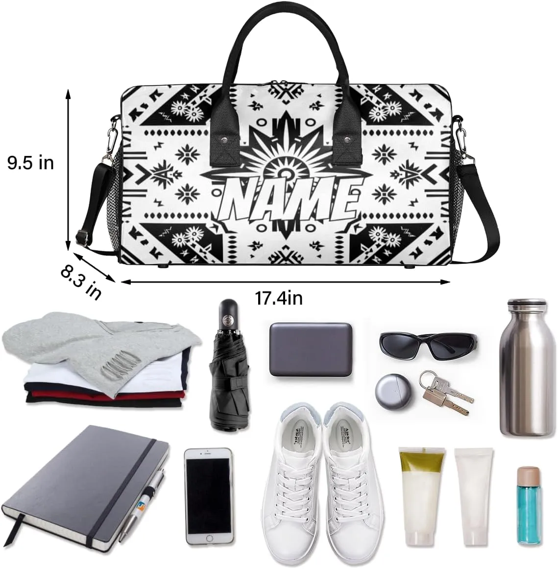 Personalized Bohemia Pattern Travel Duffel Bag with Name, Custom Gym Sport Bag Black Abstract Carry On Weekend Overnight Duffel Bag for Men Women