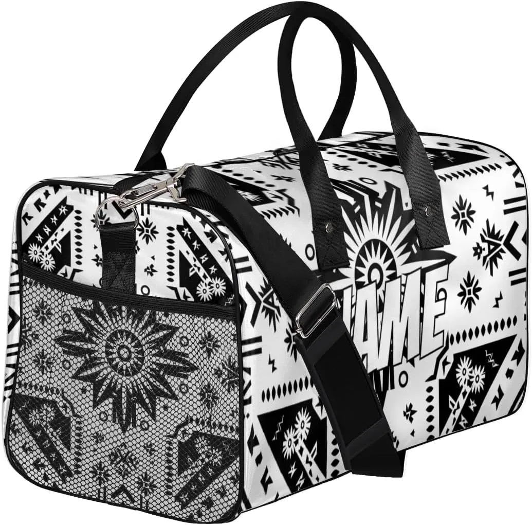 Personalized Bohemia Pattern Travel Duffel Bag with Name, Custom Gym Sport Bag Black Abstract Carry On Weekend Overnight Duffel Bag for Men Women