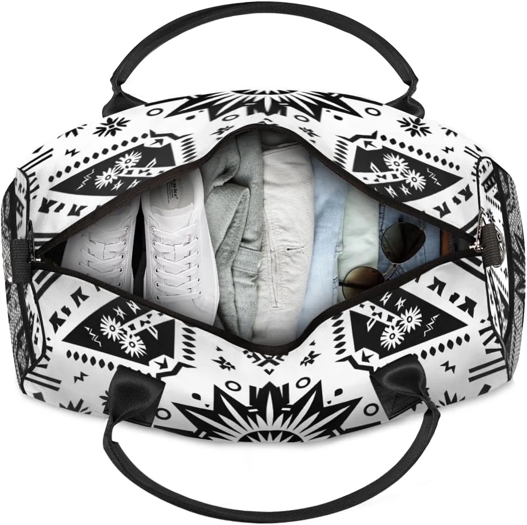Personalized Bohemia Pattern Travel Duffel Bag with Name, Custom Gym Sport Bag Black Abstract Carry On Weekend Overnight Duffel Bag for Men Women