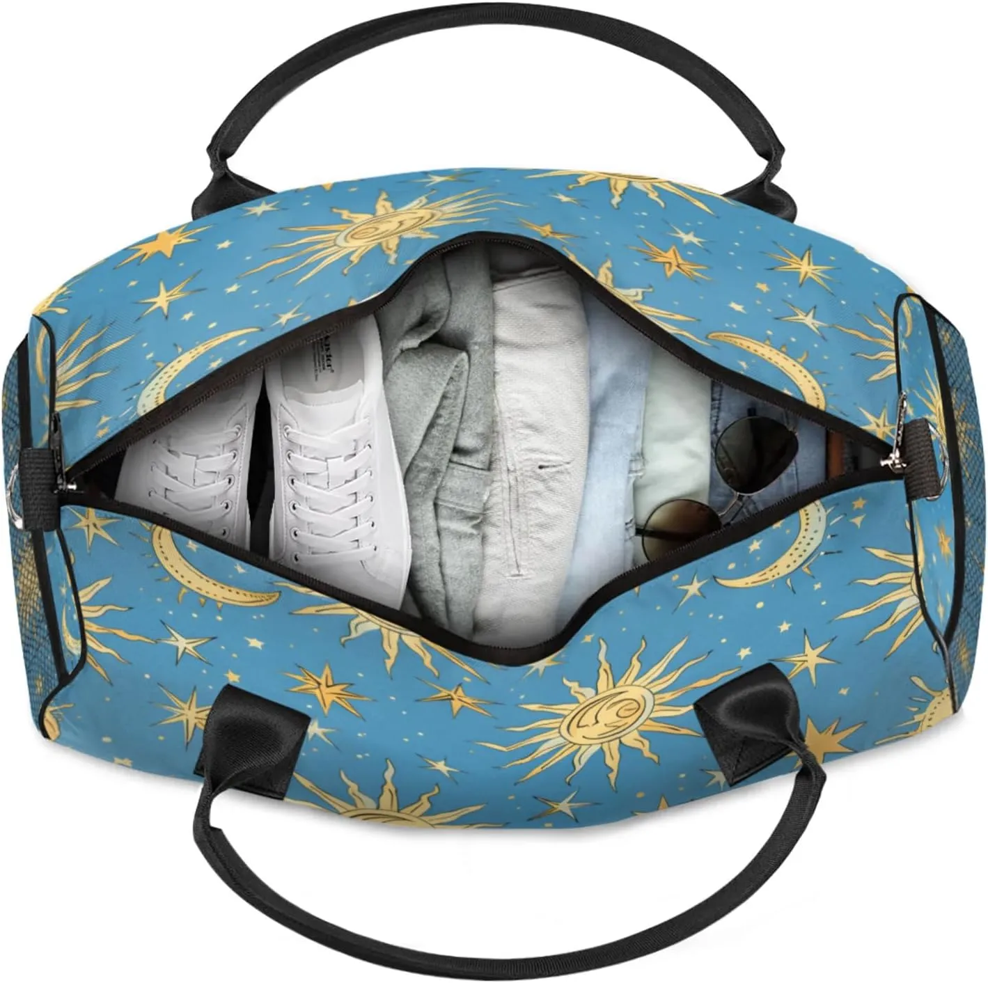 Personalized Bohemian Moon Travel Duffel Bag with Name, Custom Gym Sport Bag Stars Blue Golden Carry On Weekend Overnight Duffel Bag for Men Women