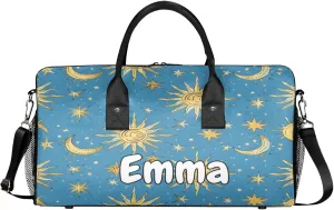 Personalized Bohemian Moon Travel Duffel Bag with Name, Custom Gym Sport Bag Stars Blue Golden Carry On Weekend Overnight Duffel Bag for Men Women