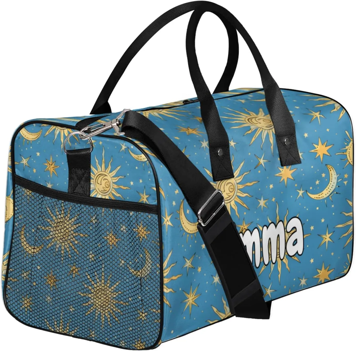 Personalized Bohemian Moon Travel Duffel Bag with Name, Custom Gym Sport Bag Stars Blue Golden Carry On Weekend Overnight Duffel Bag for Men Women