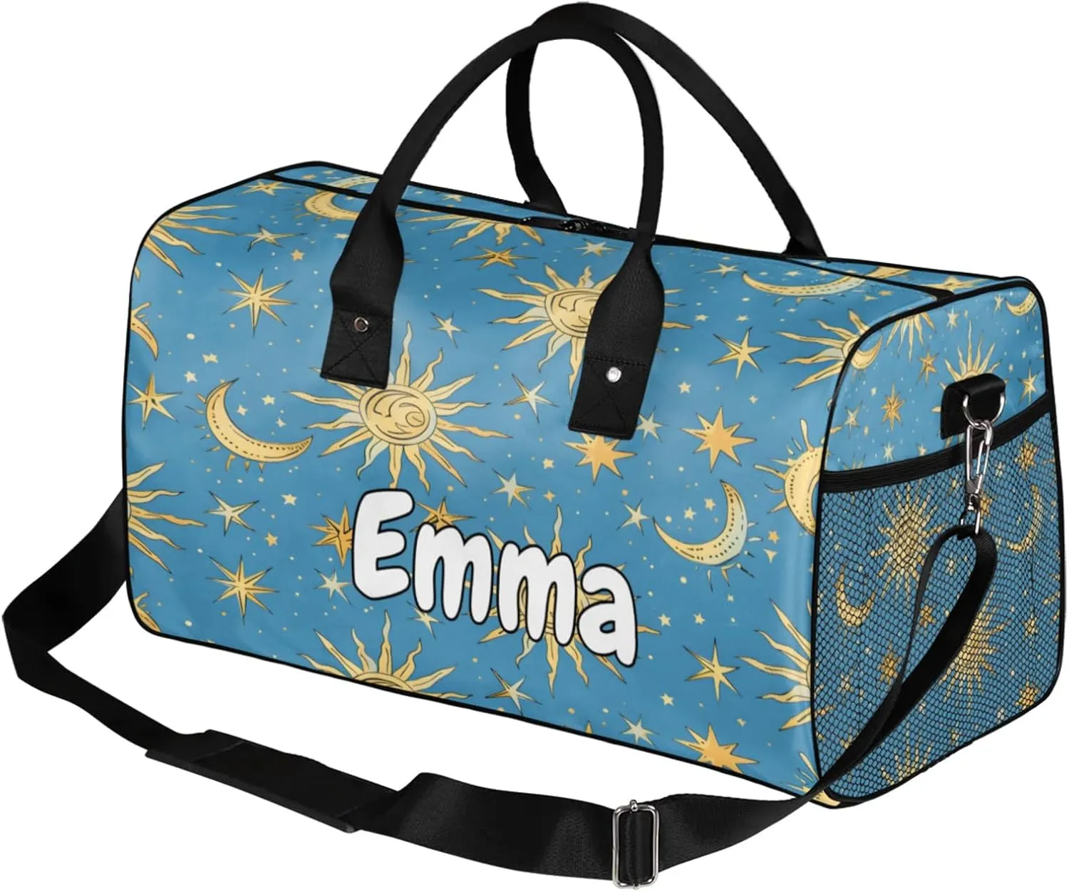 Personalized Bohemian Moon Travel Duffel Bag with Name, Custom Gym Sport Bag Stars Blue Golden Carry On Weekend Overnight Duffel Bag for Men Women