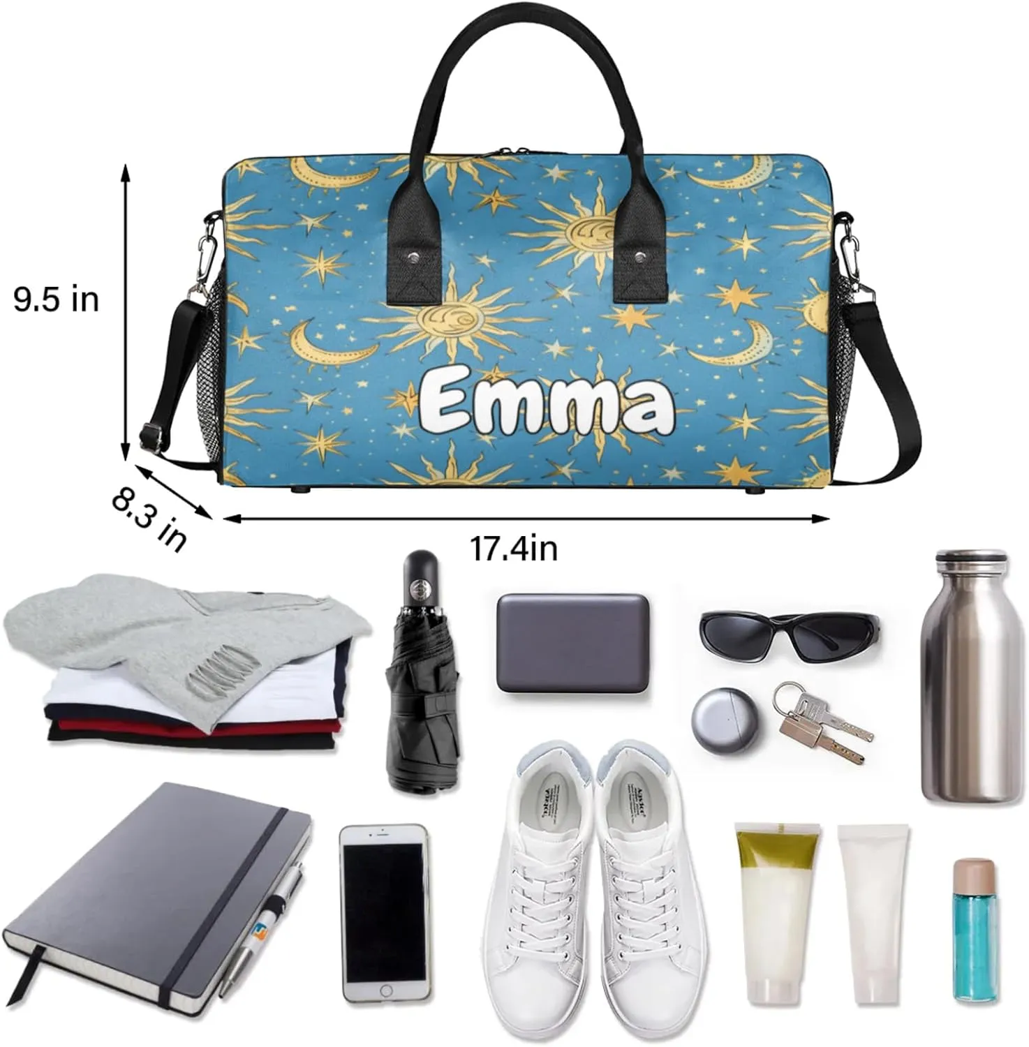 Personalized Bohemian Moon Travel Duffel Bag with Name, Custom Gym Sport Bag Stars Blue Golden Carry On Weekend Overnight Duffel Bag for Men Women