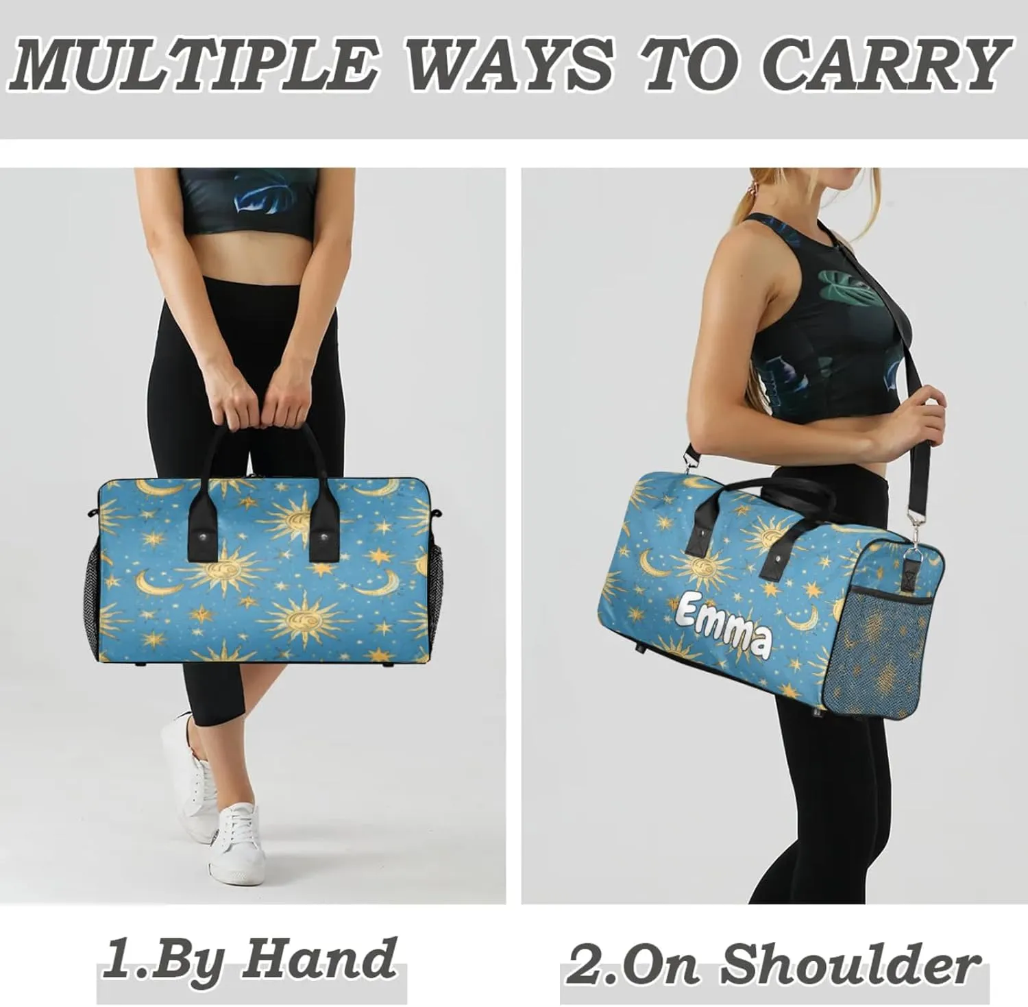 Personalized Bohemian Moon Travel Duffel Bag with Name, Custom Gym Sport Bag Stars Blue Golden Carry On Weekend Overnight Duffel Bag for Men Women