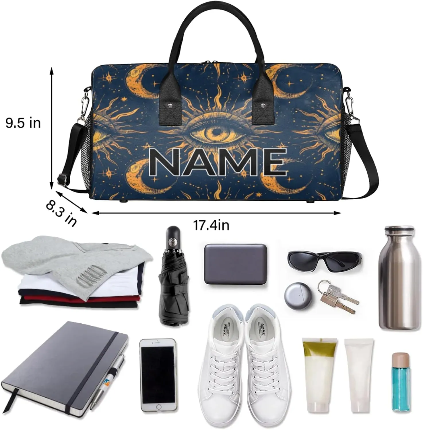Personalized Boho Moon Eye Travel Duffel Bag with Name, Custom Gym Sport Bag Bohemian Galaxy Carry On Weekend Overnight Duffel Bag for Men Women