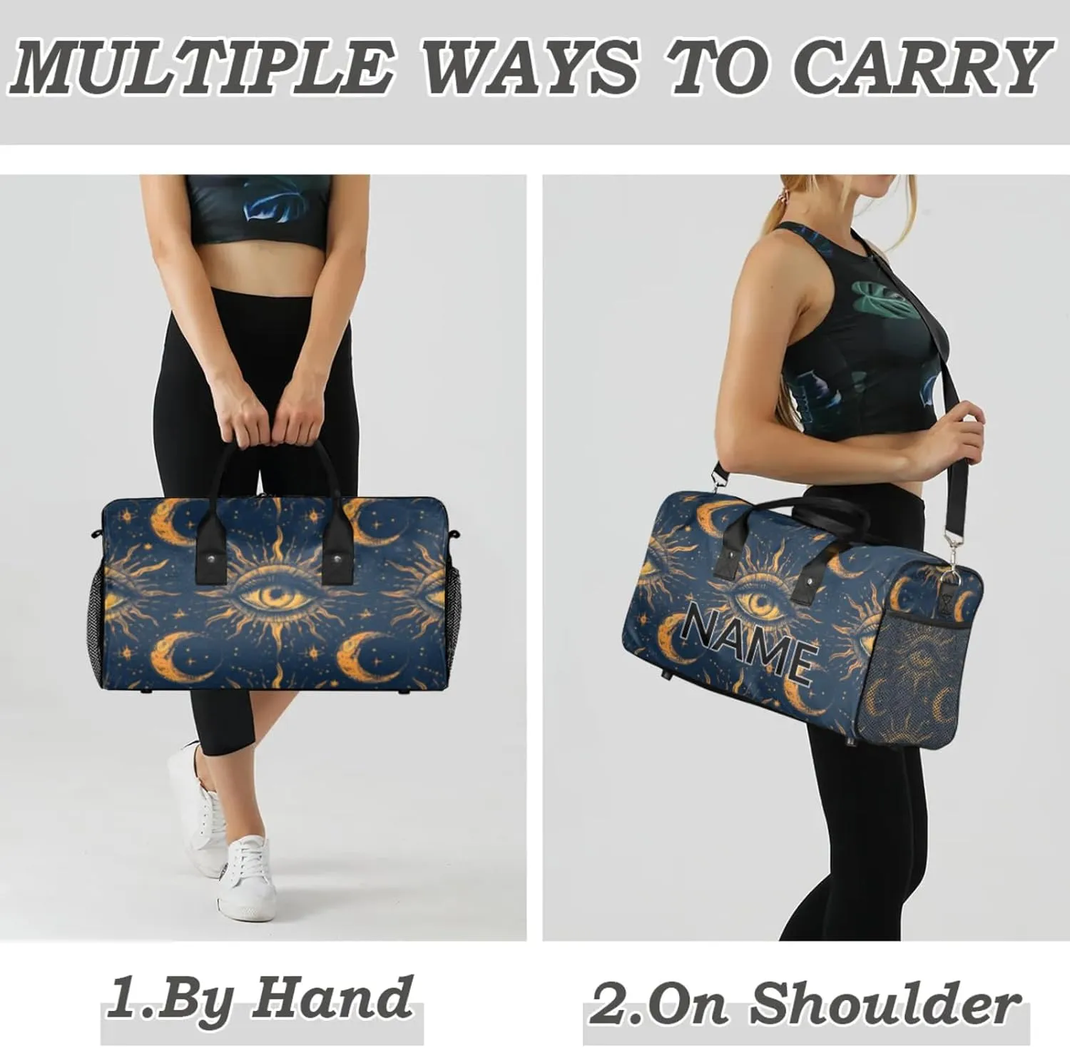 Personalized Boho Moon Eye Travel Duffel Bag with Name, Custom Gym Sport Bag Bohemian Galaxy Carry On Weekend Overnight Duffel Bag for Men Women