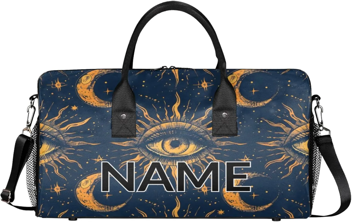 Personalized Boho Moon Eye Travel Duffel Bag with Name, Custom Gym Sport Bag Bohemian Galaxy Carry On Weekend Overnight Duffel Bag for Men Women