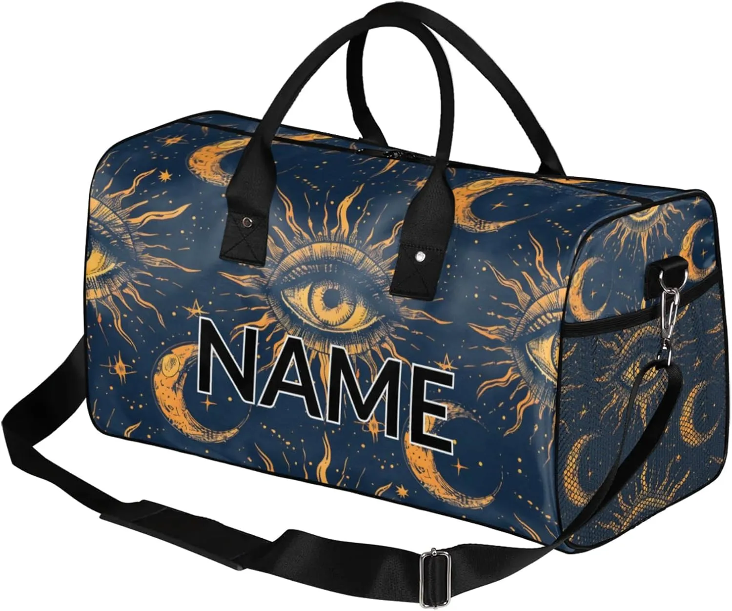 Personalized Boho Moon Eye Travel Duffel Bag with Name, Custom Gym Sport Bag Bohemian Galaxy Carry On Weekend Overnight Duffel Bag for Men Women