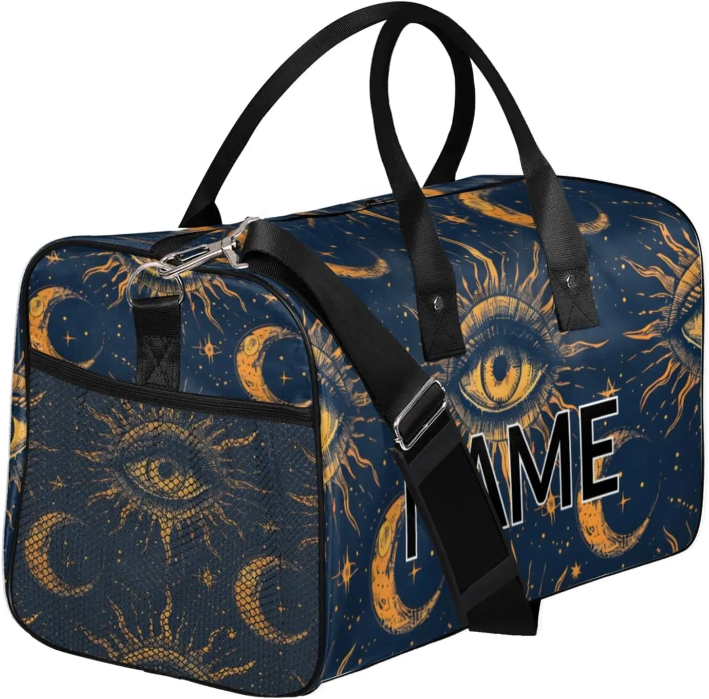 Personalized Boho Moon Eye Travel Duffel Bag with Name, Custom Gym Sport Bag Bohemian Galaxy Carry On Weekend Overnight Duffel Bag for Men Women