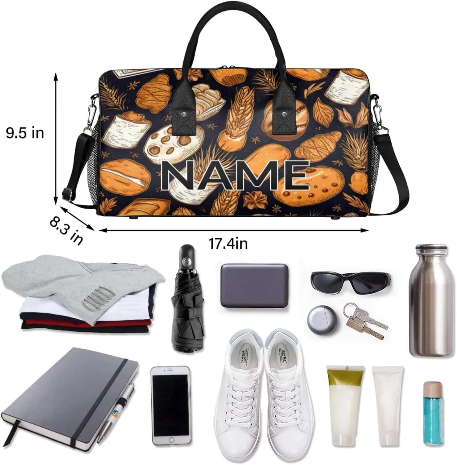 Personalized Bread Travel Duffel Bag with Name, Custom Gym Sport Bag Autumn Wheat Bread Carry On Weekend Overnight Duffel Bag for Men Women