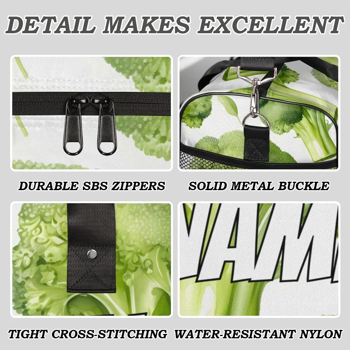 Personalized Broccoli Travel Duffel Bag with Name, Custom Gym Sport Bag Green Vegetables Carry On Weekend Overnight Duffel Bag for Men Women