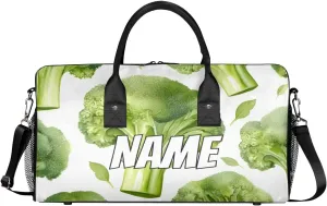 Personalized Broccoli Travel Duffel Bag with Name, Custom Gym Sport Bag Green Vegetables Carry On Weekend Overnight Duffel Bag for Men Women