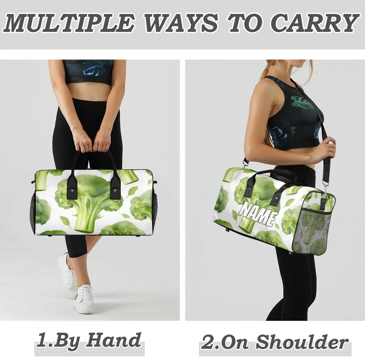 Personalized Broccoli Travel Duffel Bag with Name, Custom Gym Sport Bag Green Vegetables Carry On Weekend Overnight Duffel Bag for Men Women