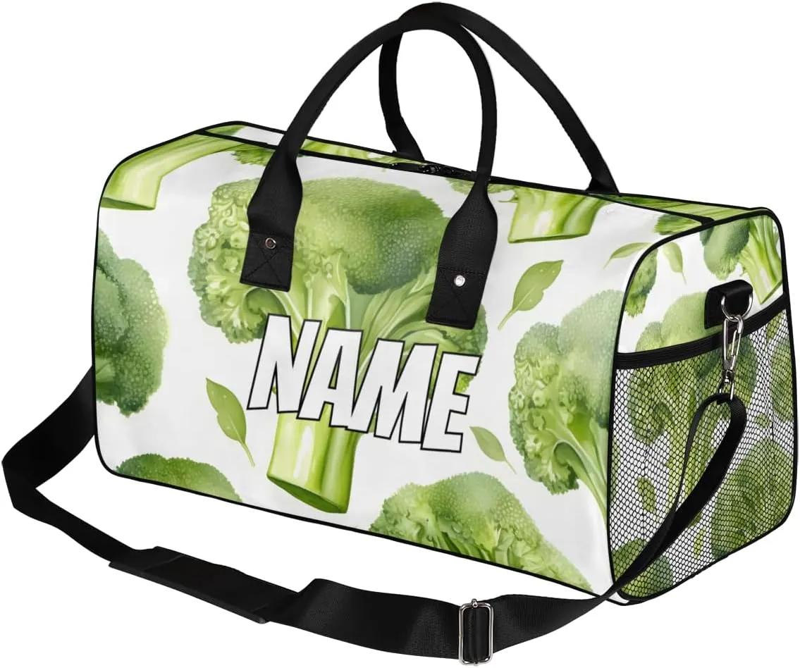 Personalized Broccoli Travel Duffel Bag with Name, Custom Gym Sport Bag Green Vegetables Carry On Weekend Overnight Duffel Bag for Men Women