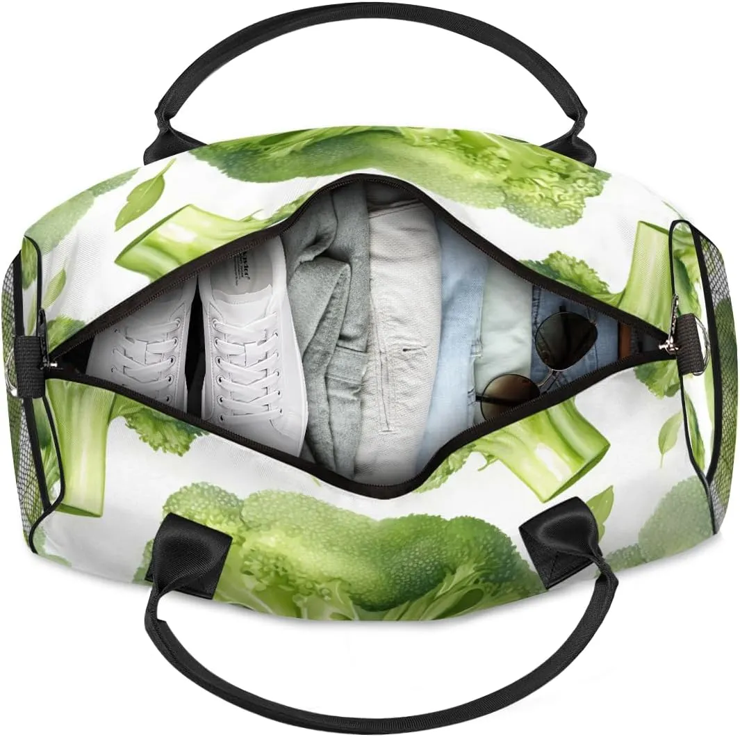 Personalized Broccoli Travel Duffel Bag with Name, Custom Gym Sport Bag Green Vegetables Carry On Weekend Overnight Duffel Bag for Men Women