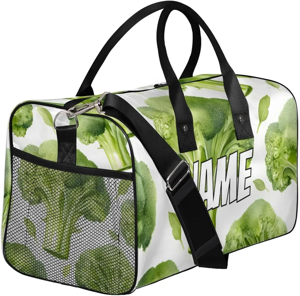 Personalized Broccoli Travel Duffel Bag with Name, Custom Gym Sport Bag Green Vegetables Carry On Weekend Overnight Duffel Bag for Men Women