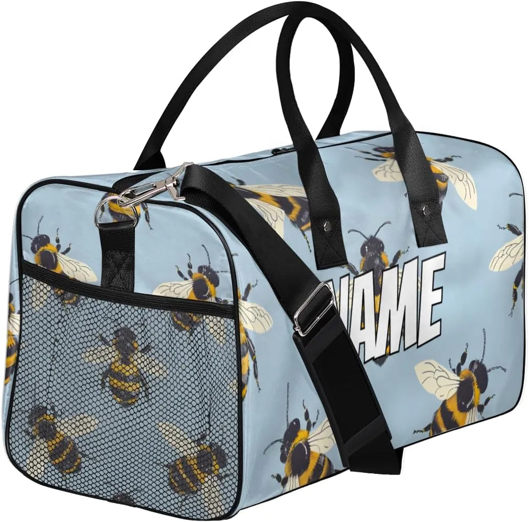 Personalized Cartoon Bee Travel Duffel Bag with Name, Custom Gym Sport Bag Kawaii Animal Carry On Weekend Overnight Duffel Bag for Men Women