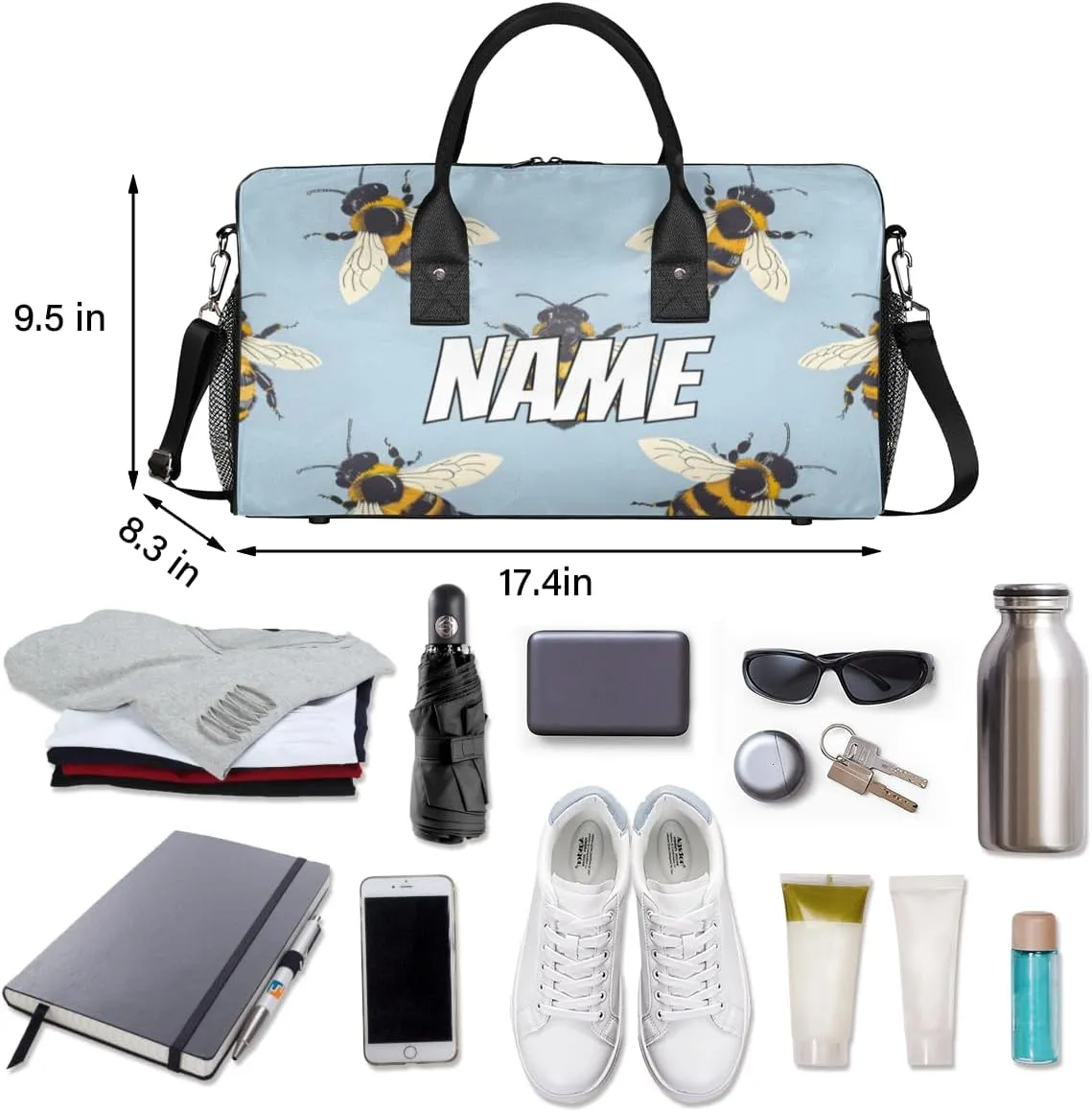 Personalized Cartoon Bee Travel Duffel Bag with Name, Custom Gym Sport Bag Kawaii Animal Carry On Weekend Overnight Duffel Bag for Men Women