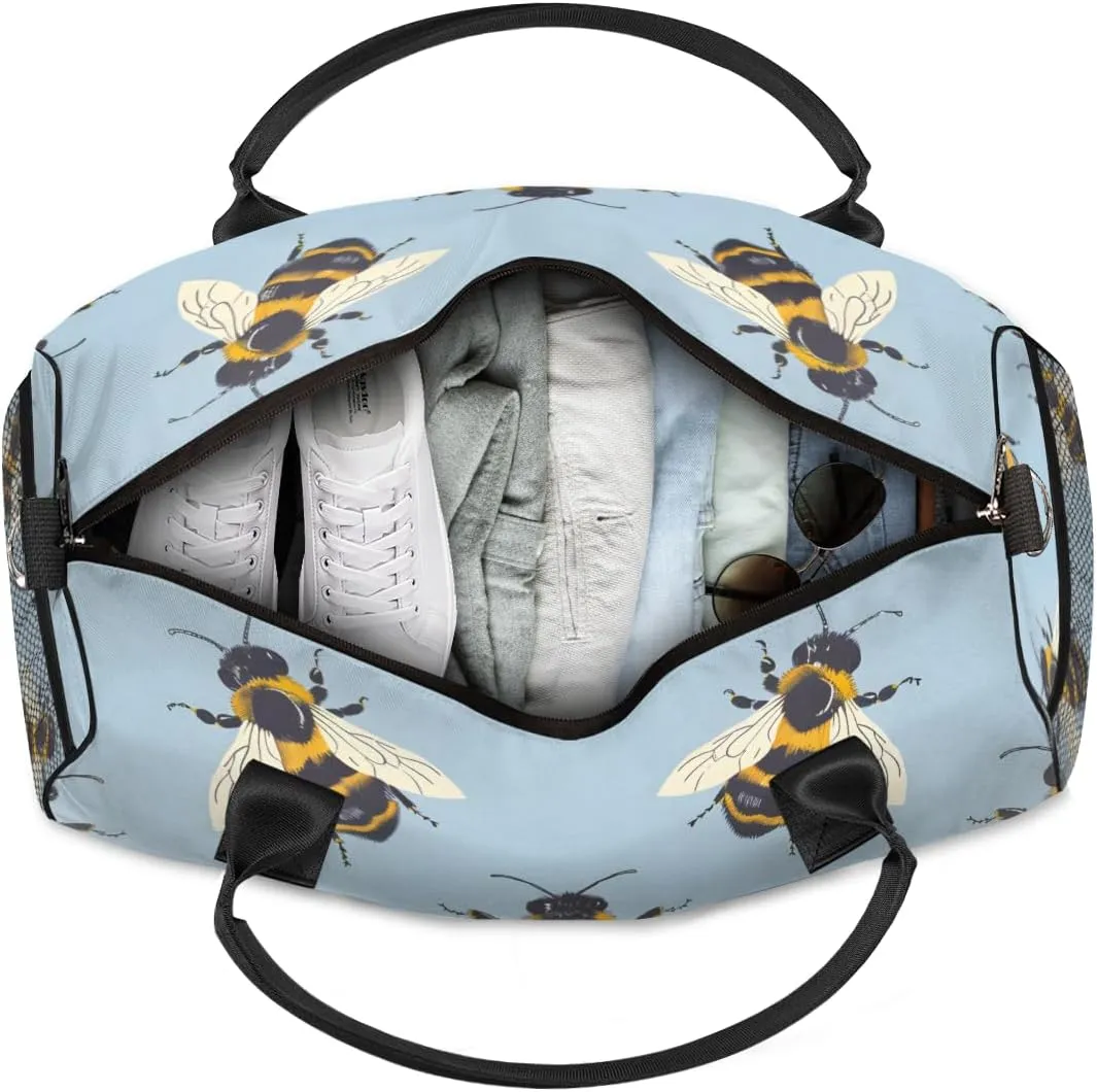 Personalized Cartoon Bee Travel Duffel Bag with Name, Custom Gym Sport Bag Kawaii Animal Carry On Weekend Overnight Duffel Bag for Men Women