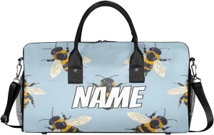Personalized Cartoon Bee Travel Duffel Bag with Name, Custom Gym Sport Bag Kawaii Animal Carry On Weekend Overnight Duffel Bag for Men Women