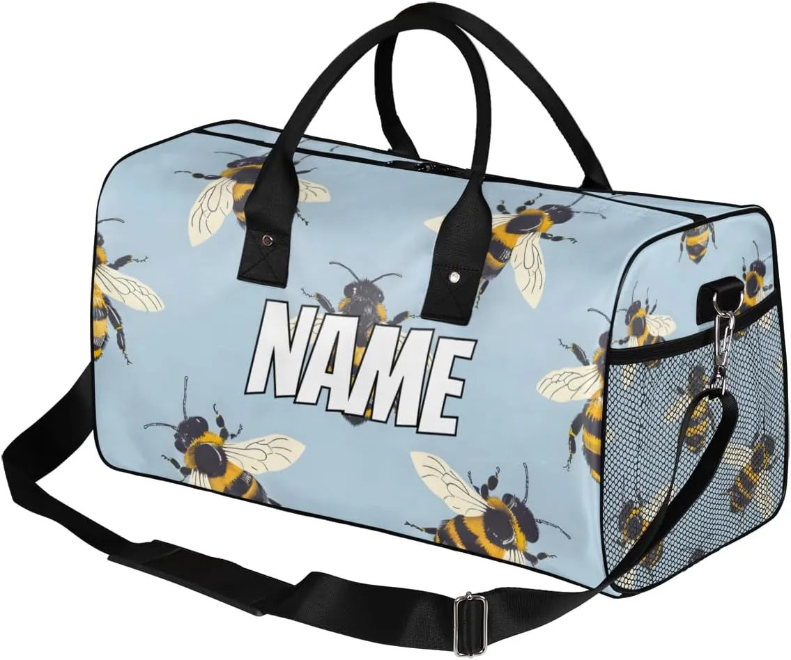 Personalized Cartoon Bee Travel Duffel Bag with Name, Custom Gym Sport Bag Kawaii Animal Carry On Weekend Overnight Duffel Bag for Men Women