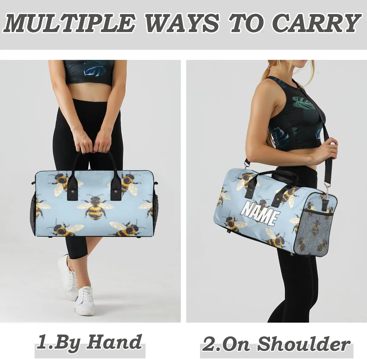 Personalized Cartoon Bee Travel Duffel Bag with Name, Custom Gym Sport Bag Kawaii Animal Carry On Weekend Overnight Duffel Bag for Men Women