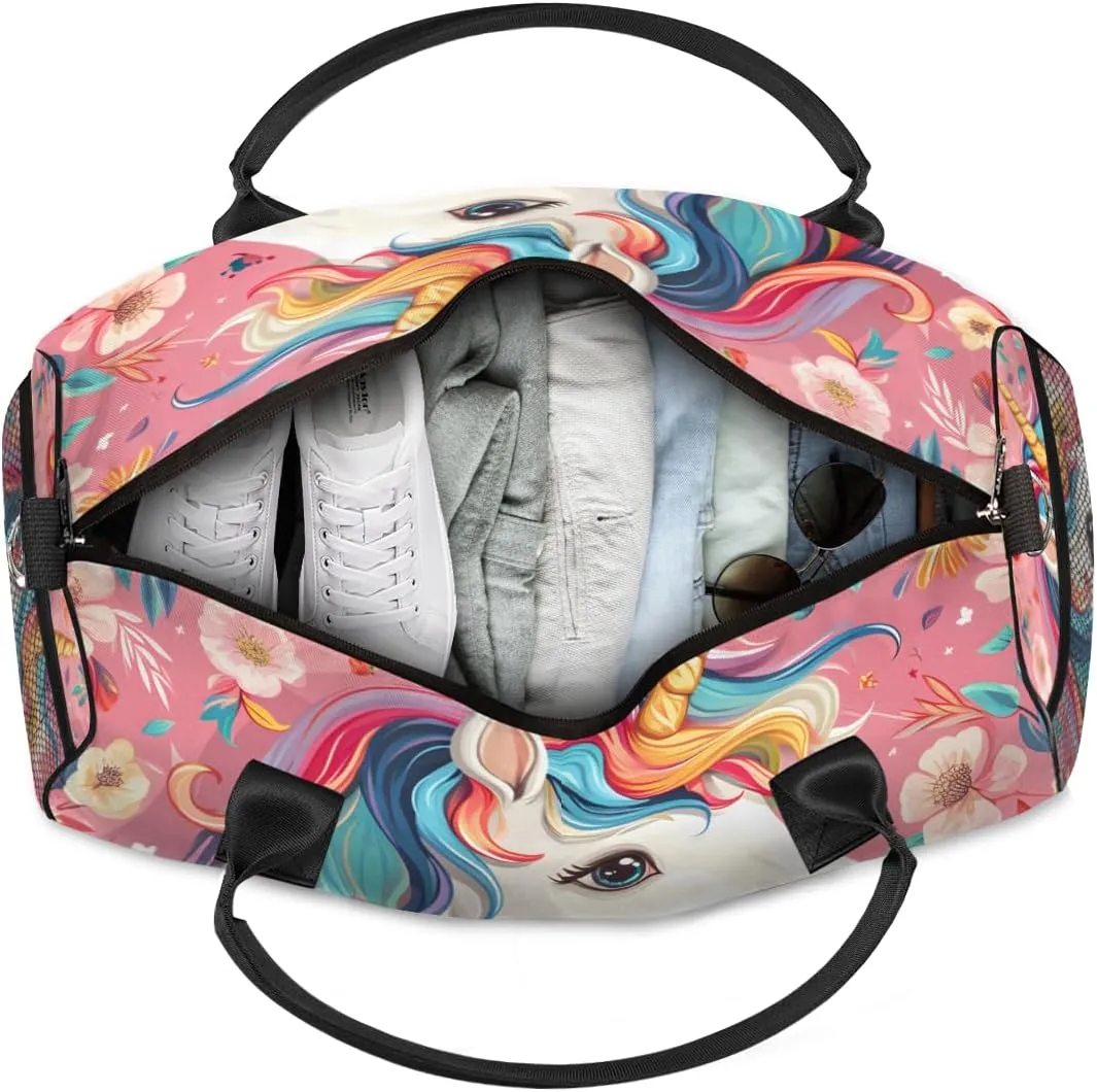 Personalized Cartoon Unicorn Travel Duffel Bag with Name, Custom Gym Sport Bag Rainbow Fantasy Carry On Weekend Overnight Duffel Bag for Men Women
