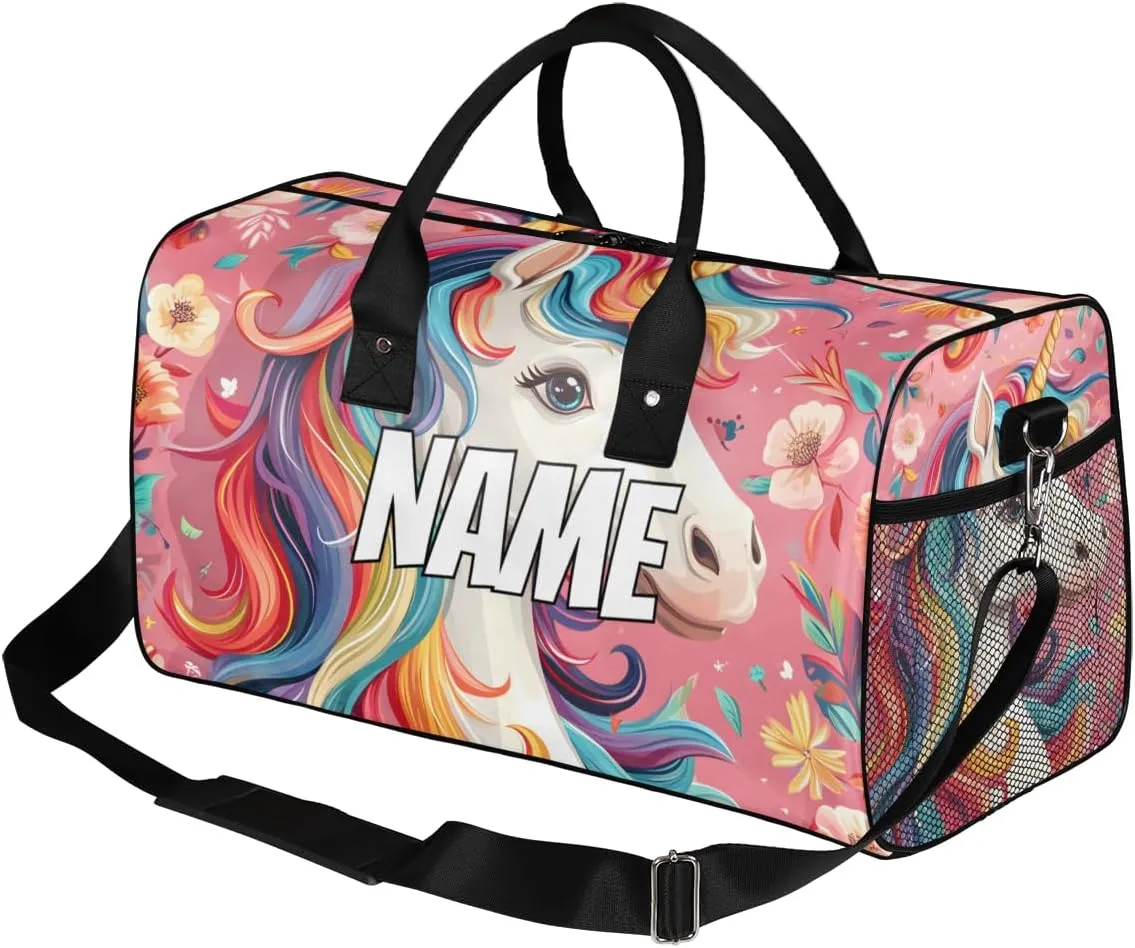 Personalized Cartoon Unicorn Travel Duffel Bag with Name, Custom Gym Sport Bag Rainbow Fantasy Carry On Weekend Overnight Duffel Bag for Men Women