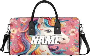 Personalized Cartoon Unicorn Travel Duffel Bag with Name, Custom Gym Sport Bag Rainbow Fantasy Carry On Weekend Overnight Duffel Bag for Men Women