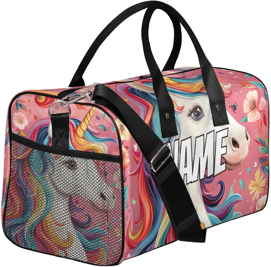 Personalized Cartoon Unicorn Travel Duffel Bag with Name, Custom Gym Sport Bag Rainbow Fantasy Carry On Weekend Overnight Duffel Bag for Men Women