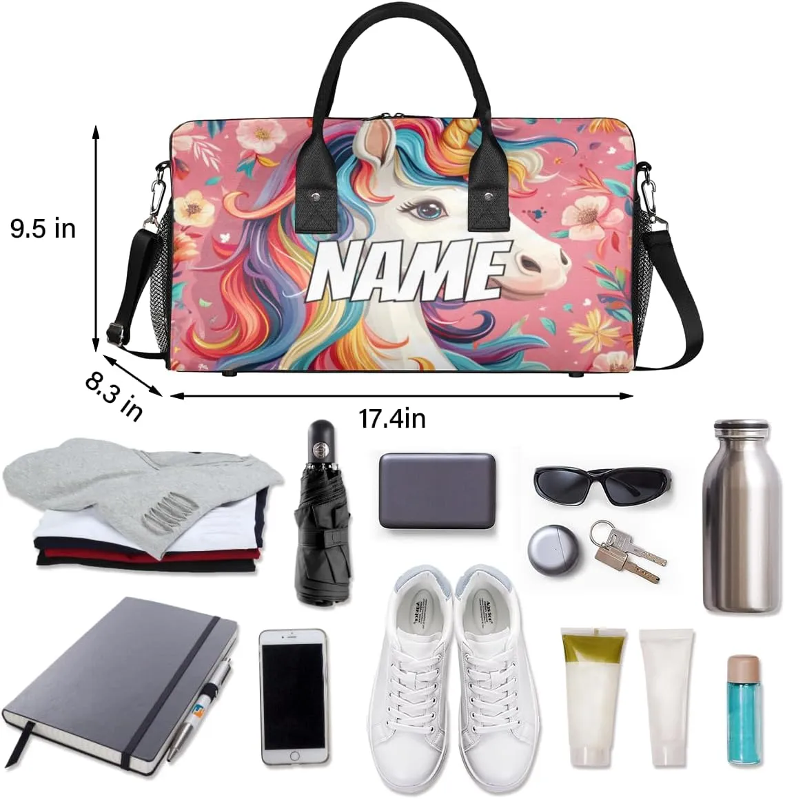 Personalized Cartoon Unicorn Travel Duffel Bag with Name, Custom Gym Sport Bag Rainbow Fantasy Carry On Weekend Overnight Duffel Bag for Men Women