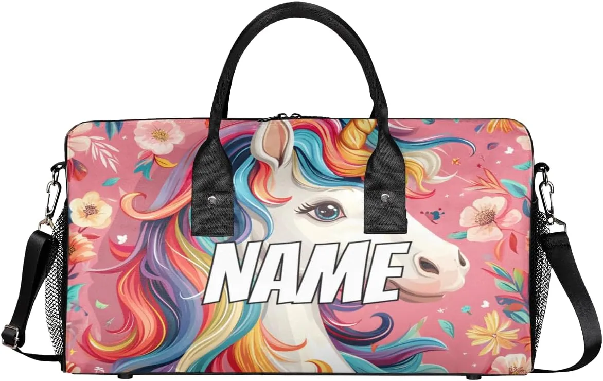 Personalized Cartoon Unicorn Travel Duffel Bag with Name, Custom Gym Sport Bag Rainbow Fantasy Carry On Weekend Overnight Duffel Bag for Men Women