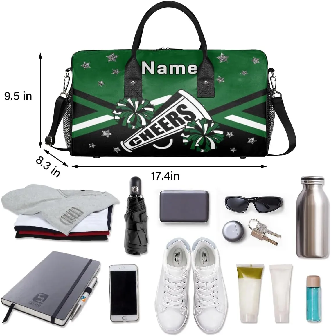 Personalized Cheer Bag Custom Cheerleader Bag with Name Customized Gym Bag Sport Travel Duffel Bag for Women, Dark Green Black