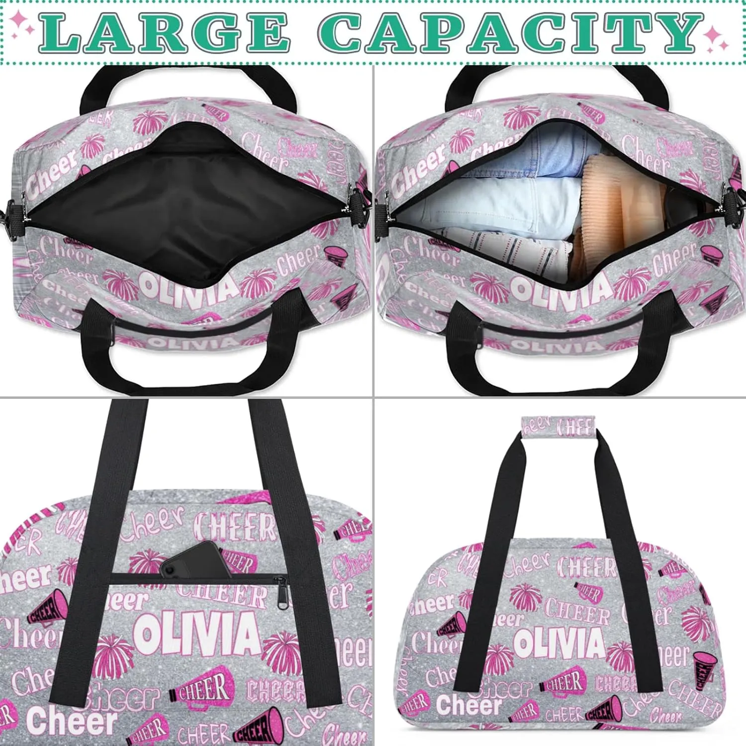 Personalized Cheer Bag for Cheerleaders, Custom Dance Bag Name Overnight Duffel Bag for Practice Gymnastics Ballet Sports Bag, Silver Glittering