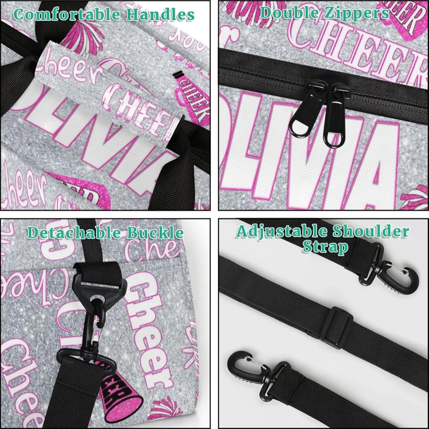 Personalized Cheer Bag for Cheerleaders, Custom Dance Bag Name Overnight Duffel Bag for Practice Gymnastics Ballet Sports Bag, Silver Glittering