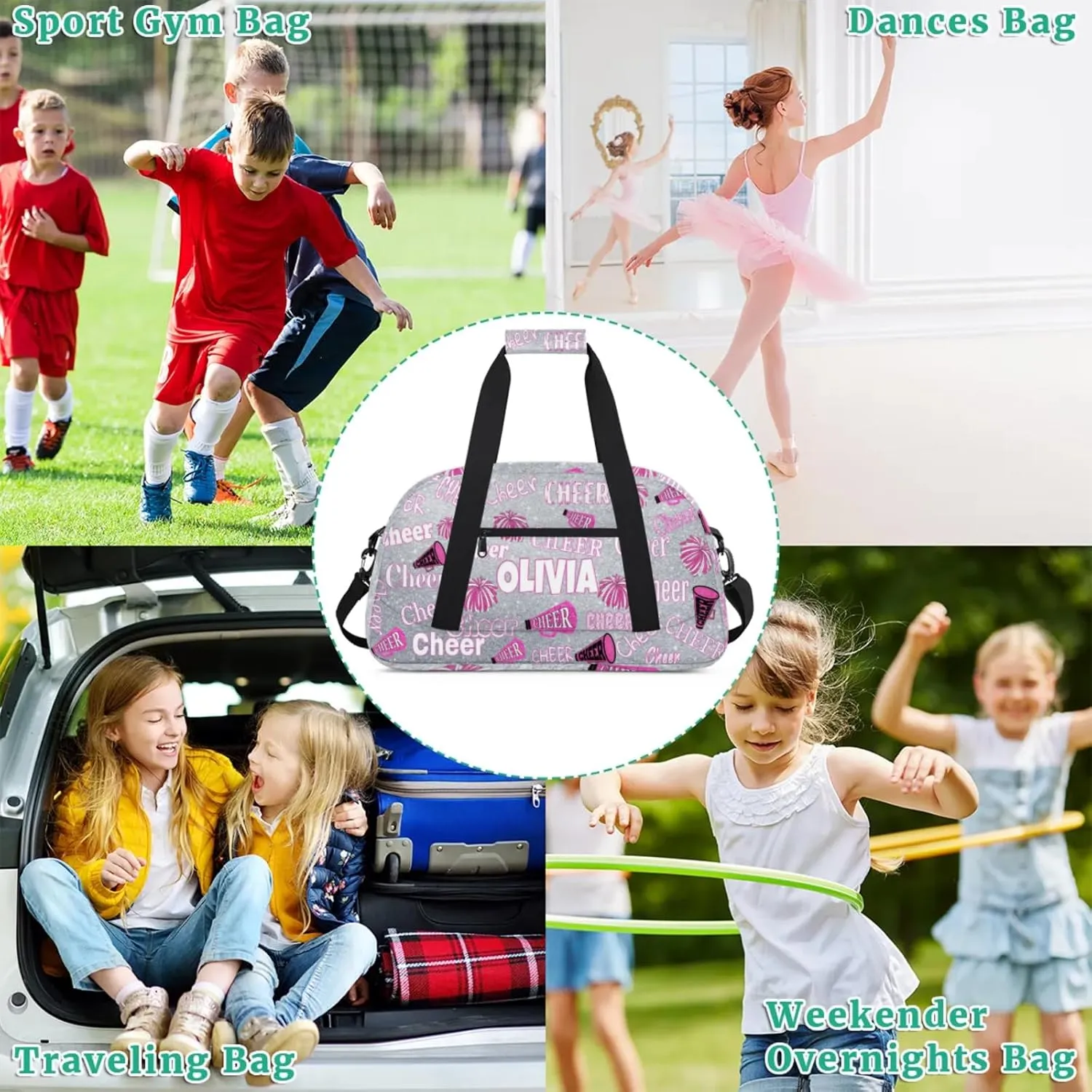 Personalized Cheer Bag for Cheerleaders, Custom Dance Bag Name Overnight Duffel Bag for Practice Gymnastics Ballet Sports Bag, Silver Glittering
