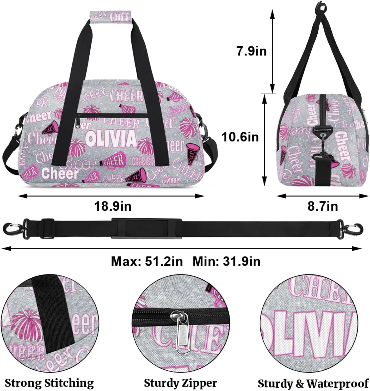 Personalized Cheer Bag for Cheerleaders, Custom Dance Bag Name Overnight Duffel Bag for Practice Gymnastics Ballet Sports Bag, Silver Glittering