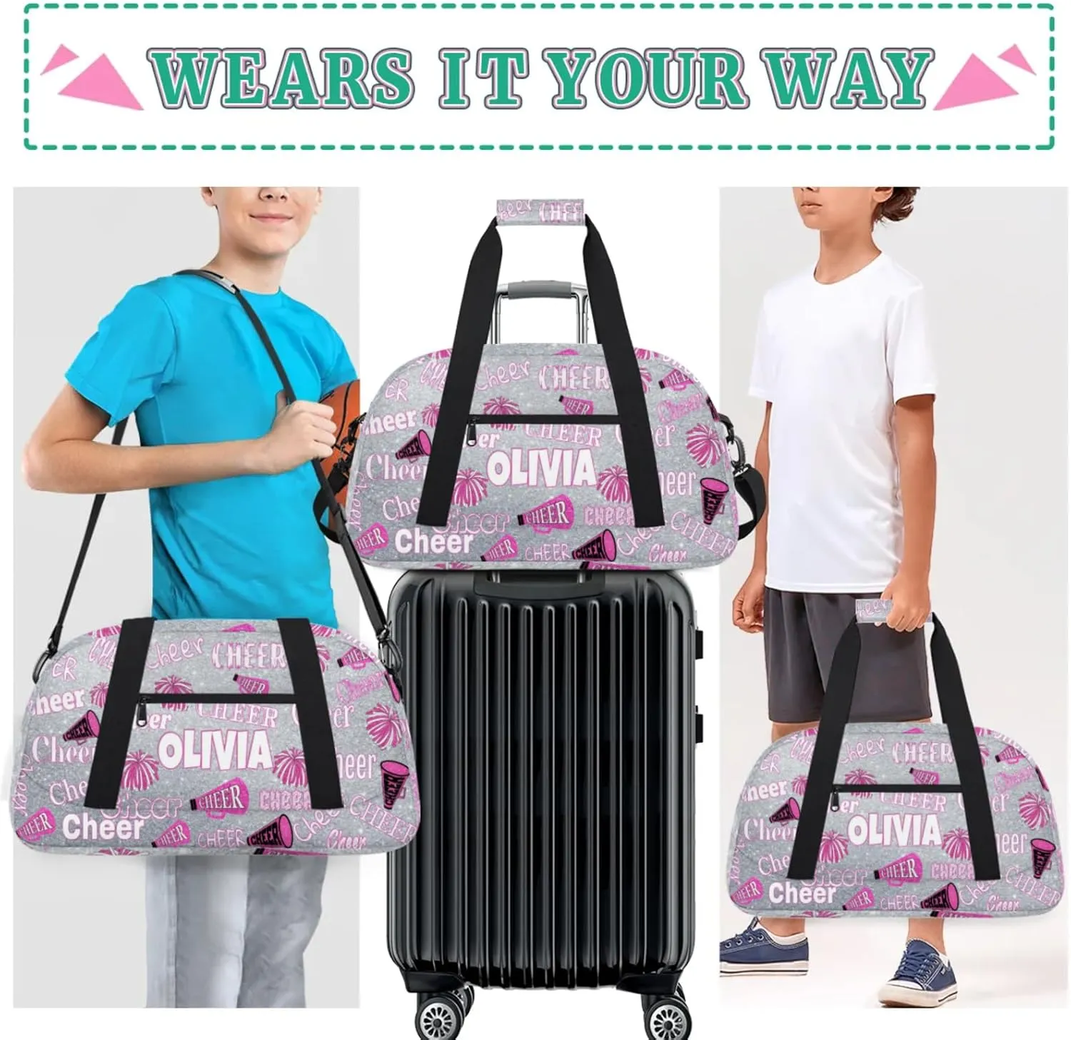 Personalized Cheer Bag for Cheerleaders, Custom Dance Bag Name Overnight Duffel Bag for Practice Gymnastics Ballet Sports Bag, Silver Glittering