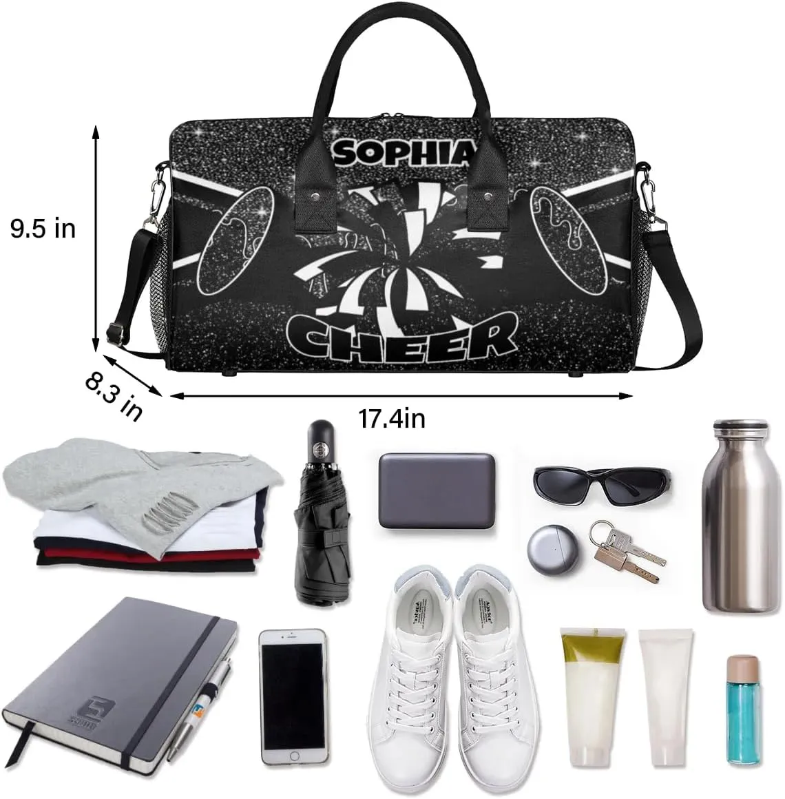 Personalized Cheer Bags for Cheerleaders Custom Sport Duffel Bag Gym Bag Travel Duffle Bag Overnight Weekender Bag with Name Black Glitter Drops