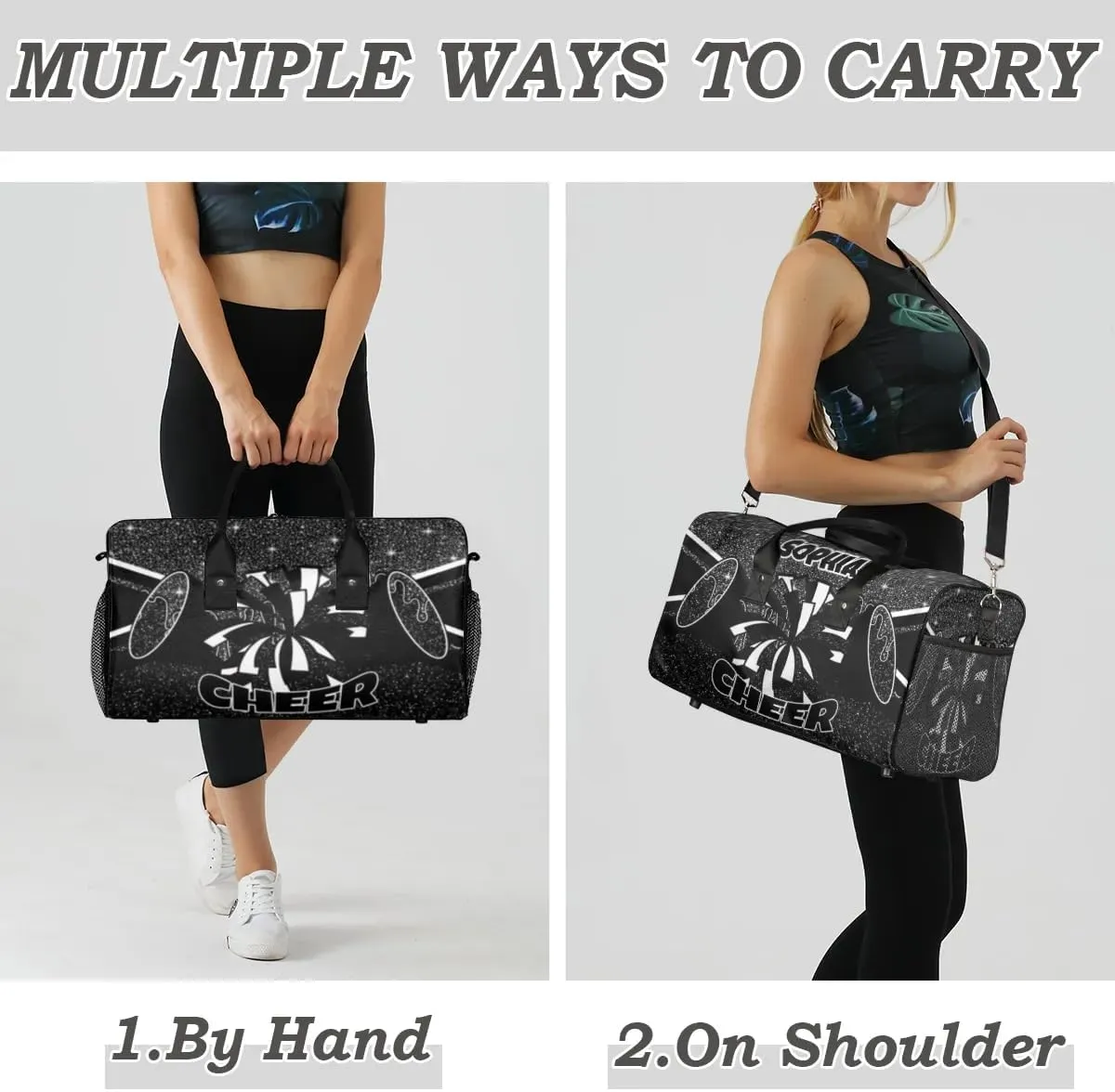 Personalized Cheer Bags for Cheerleaders Custom Sport Duffel Bag Gym Bag Travel Duffle Bag Overnight Weekender Bag with Name Black Glitter Drops
